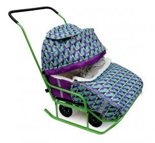 Санки детские для двойни Бок-о-Бок на базе выдвижных колес (зеленые) с козырьком и теплым матрасиком